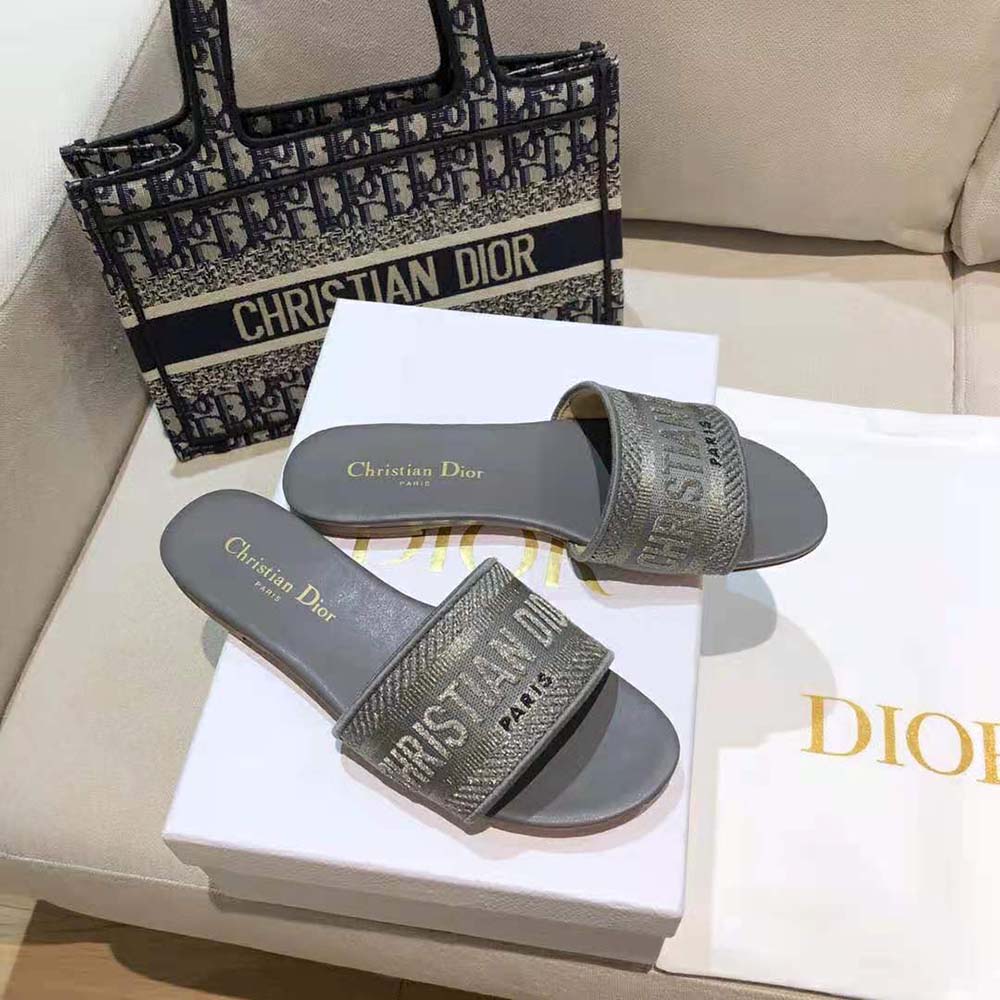 Dior Women Dway Slide Silver-Tone Embroidered Metallic Fabric