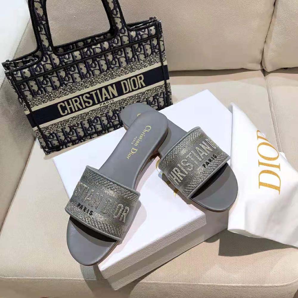 Dior Women Dway Slide Silver-Tone Embroidered Metallic Fabric