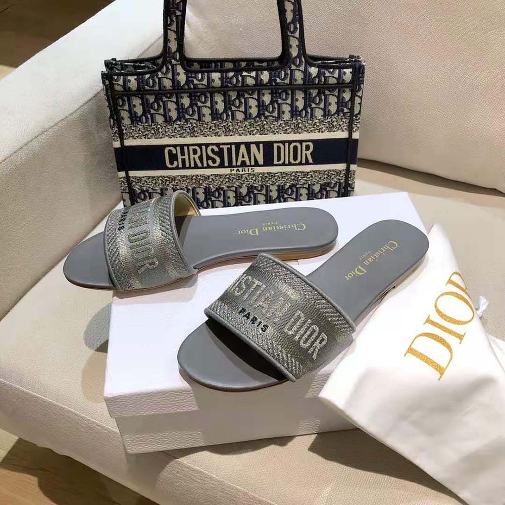 Dior Women Dway Slide Silver-Tone Embroidered Metallic Fabric