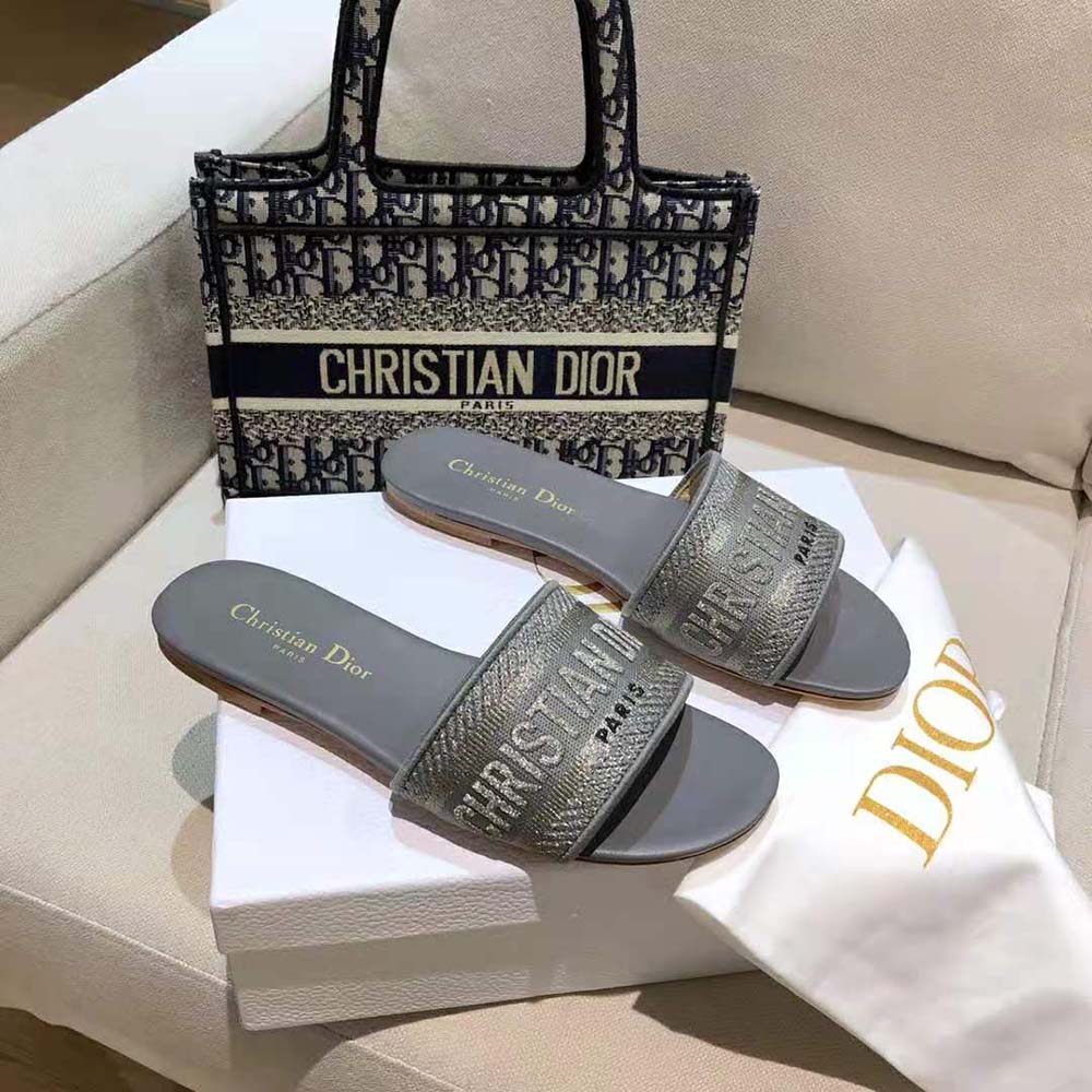 Dior Women Dway Slide Silver-Tone Embroidered Metallic Fabric