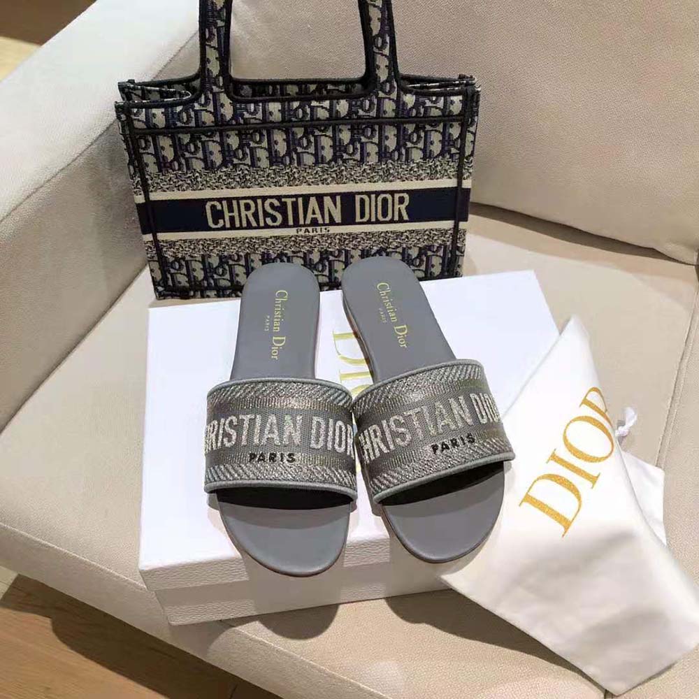 Dior Women Dway Slide Silver-Tone Embroidered Metallic Fabric