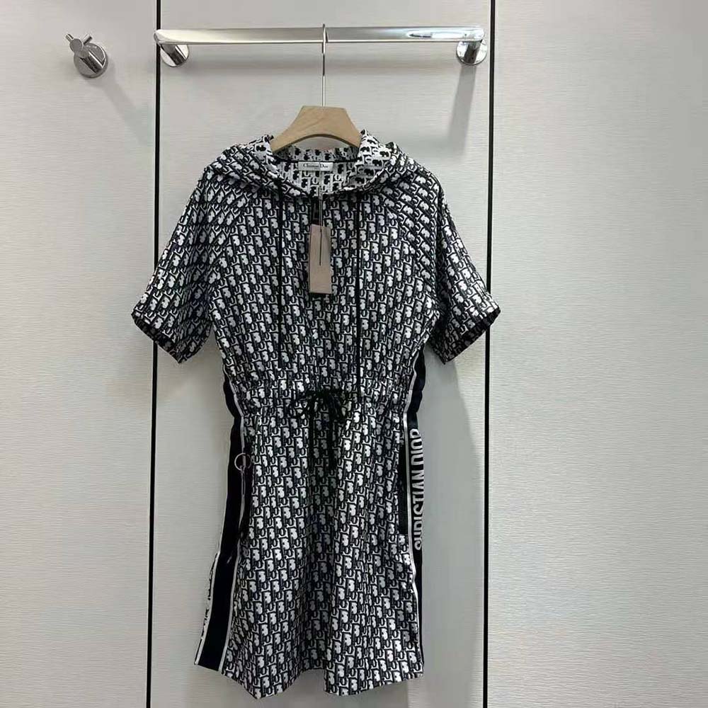 Dior Women Hooded Romper Blue Technical Taffeta Jacquard