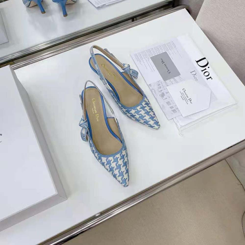 Dior Women J Adior Slingback Pump Cornflower Blue Cotton Embroidery with Micro Houndstooth Motif