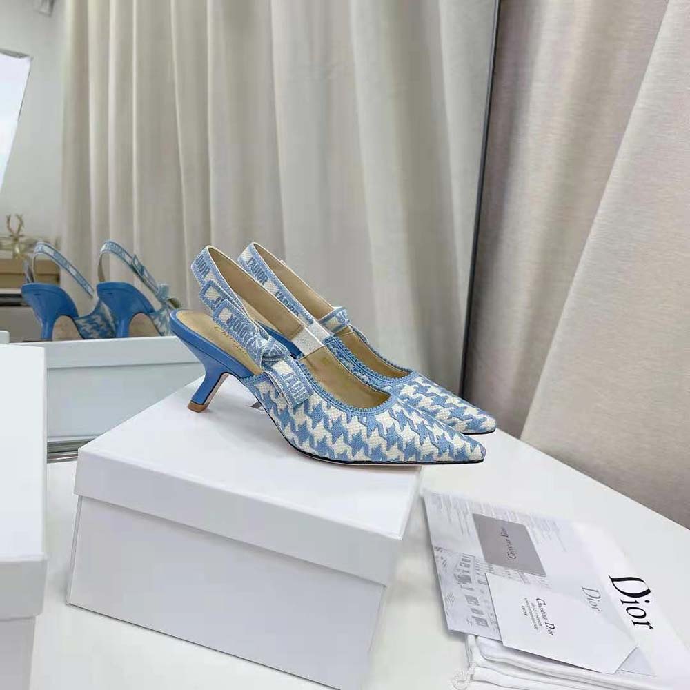 Dior Women J Adior Slingback Pump Cornflower Blue Cotton Embroidery with Micro Houndstooth Motif