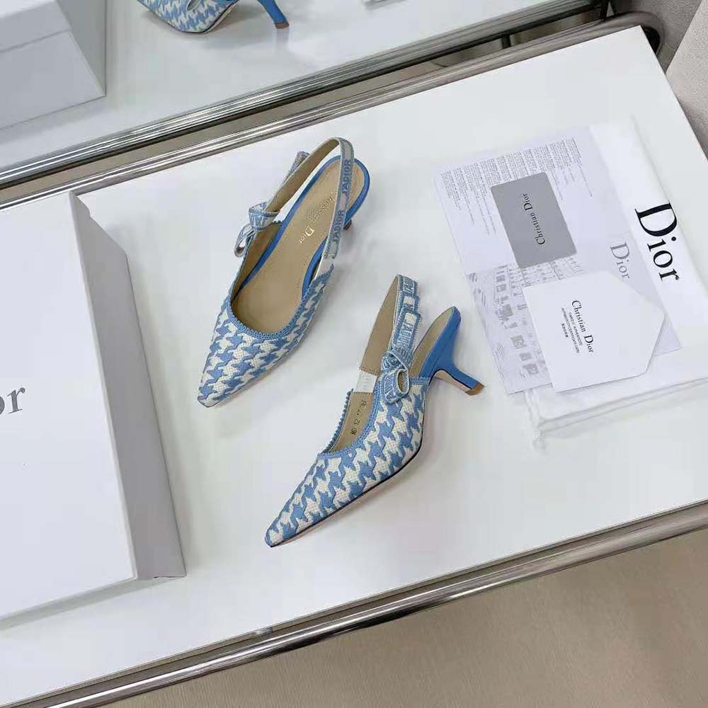 Dior Women J Adior Slingback Pump Cornflower Blue Cotton Embroidery with Micro Houndstooth Motif