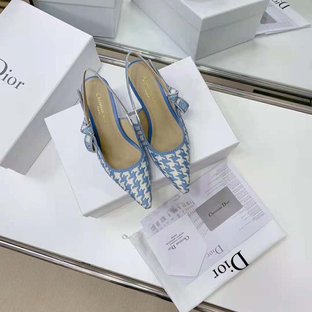 Dior Women J Adior Slingback Pump Cornflower Blue Cotton Embroidery with Micro Houndstooth Motif