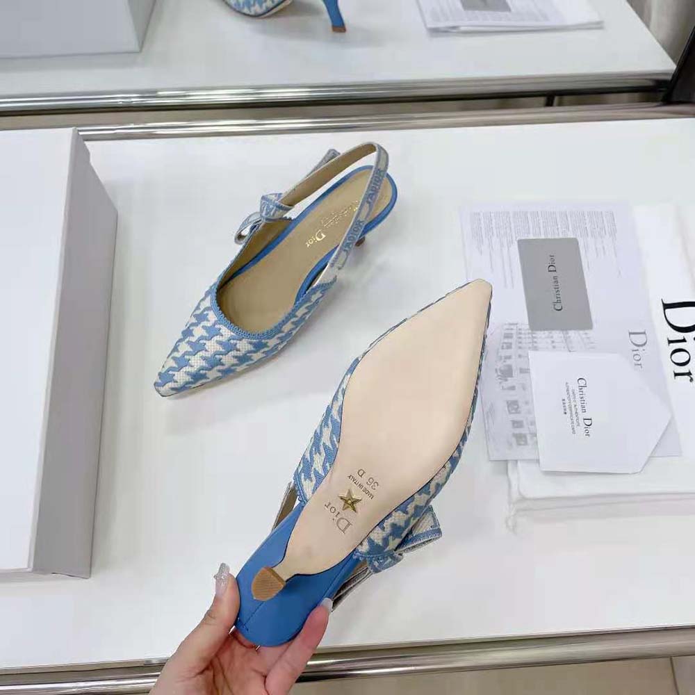Dior Women J Adior Slingback Pump Cornflower Blue Cotton Embroidery with Micro Houndstooth Motif