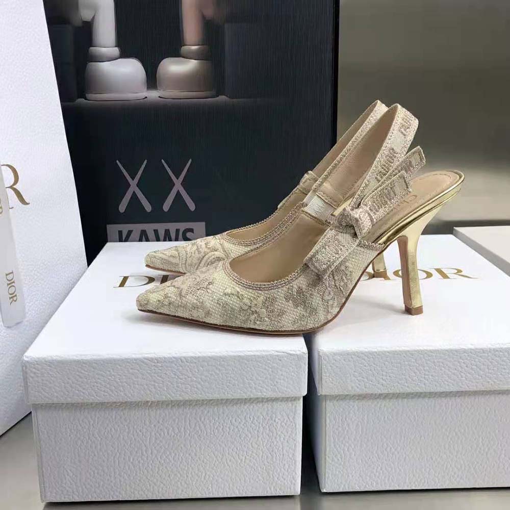 Dior Women J adior Slingback Pump White and Gold-Tone Toile de Jouy Embroidered Cotton