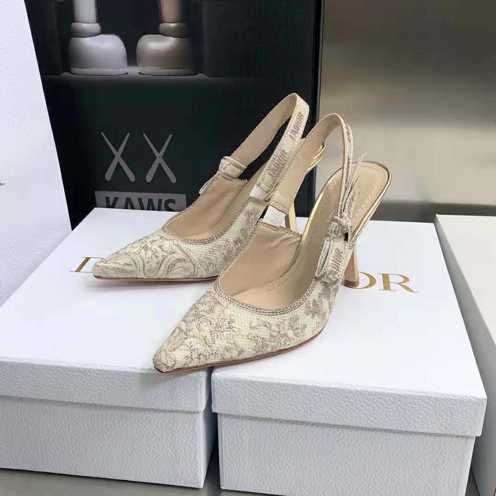 Dior Women J adior Slingback Pump White and Gold-Tone Toile de Jouy Embroidered Cotton