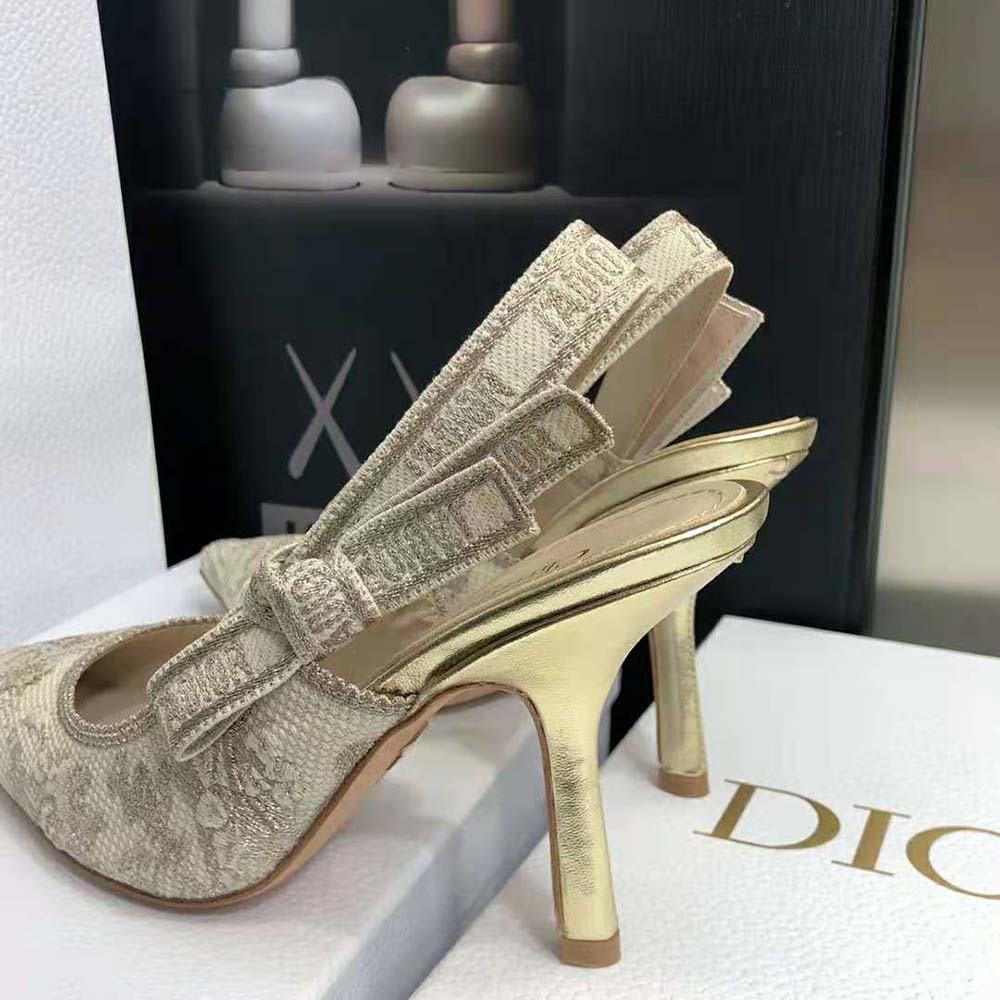 Dior Women J adior Slingback Pump White and Gold-Tone Toile de Jouy Embroidered Cotton