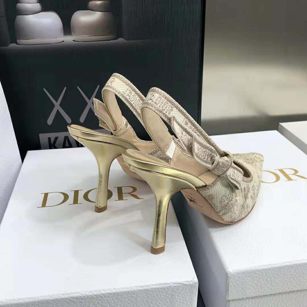Dior Women J adior Slingback Pump White and Gold-Tone Toile de Jouy Embroidered Cotton
