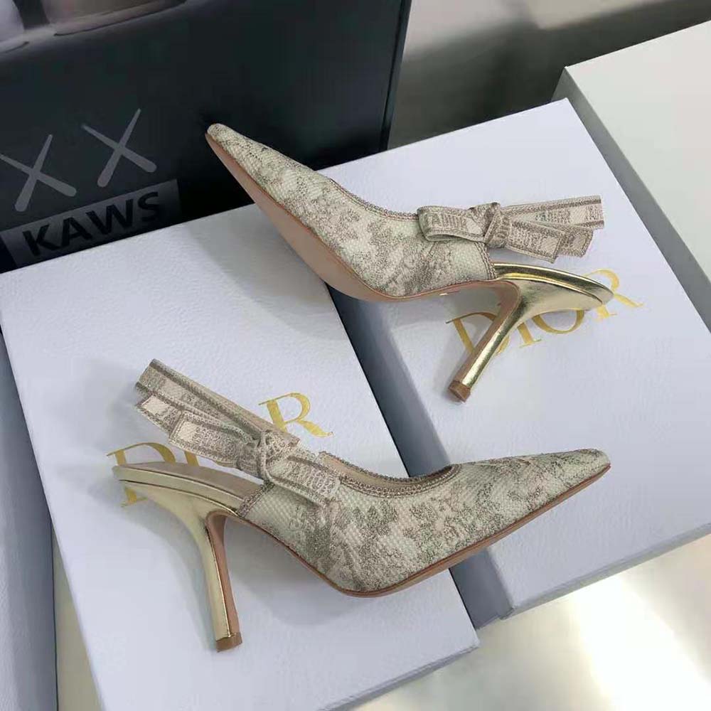 Dior Women J adior Slingback Pump White and Gold-Tone Toile de Jouy Embroidered Cotton
