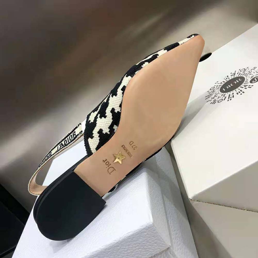 Dior Women J’Adior Slingback Ballerina Flat Black and White Cotton Embroidery