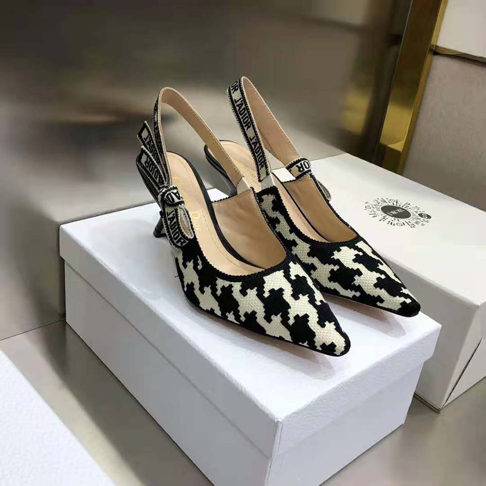 Dior Women J’Adior Slingback Pump Black and White Cotton Embroidery