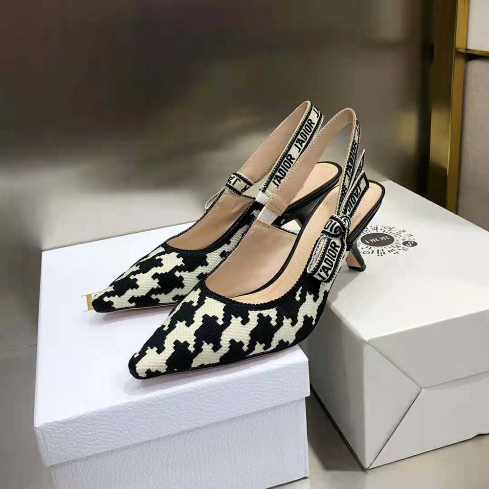 Dior Women J’Adior Slingback Pump Black and White Cotton Embroidery