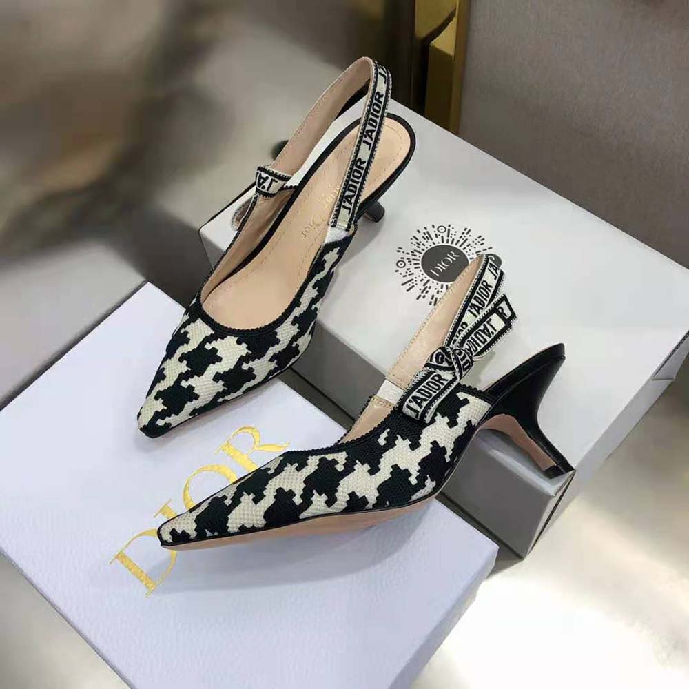 Dior Women J’Adior Slingback Pump Black and White Cotton Embroidery