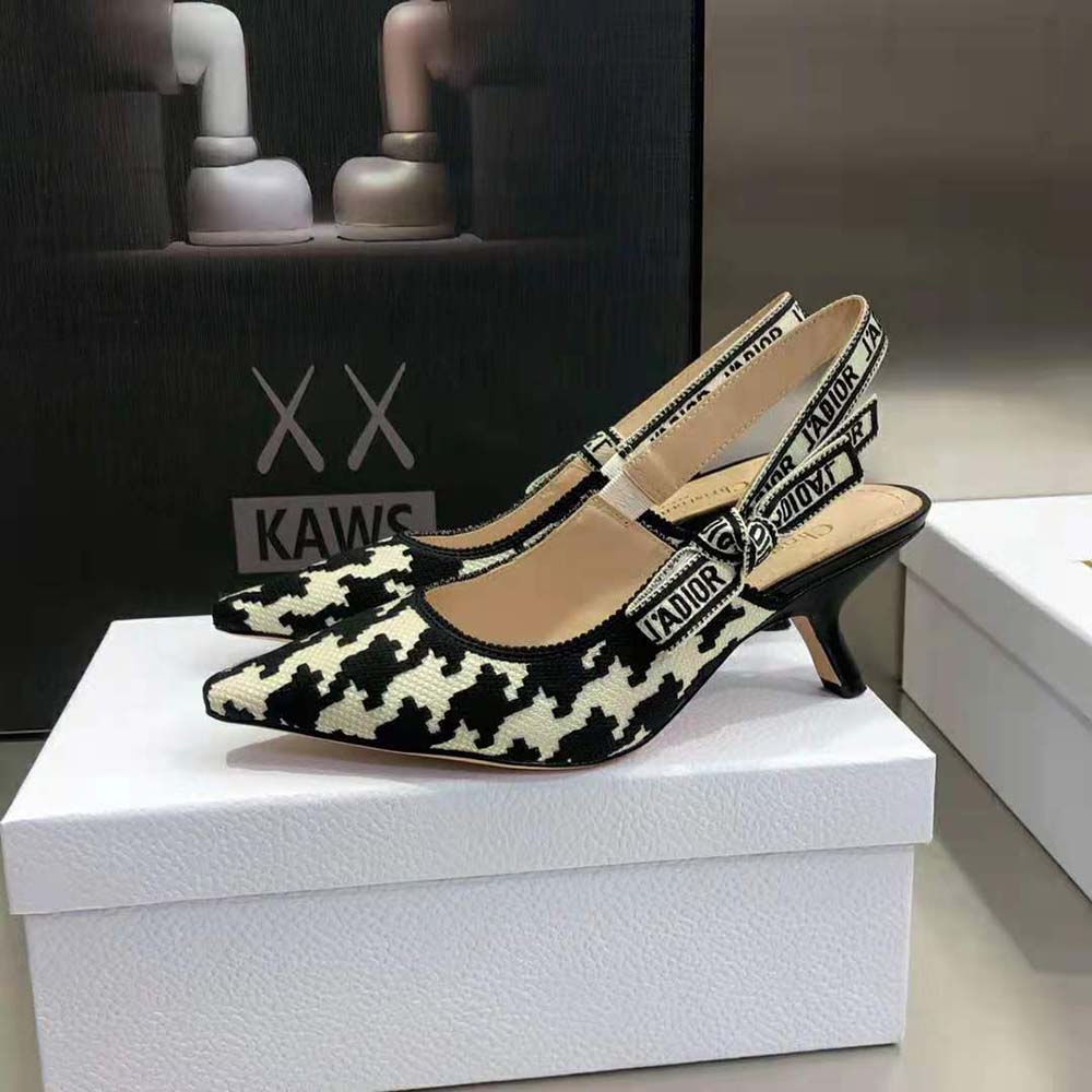 Dior Women J’Adior Slingback Pump Black and White Cotton Embroidery