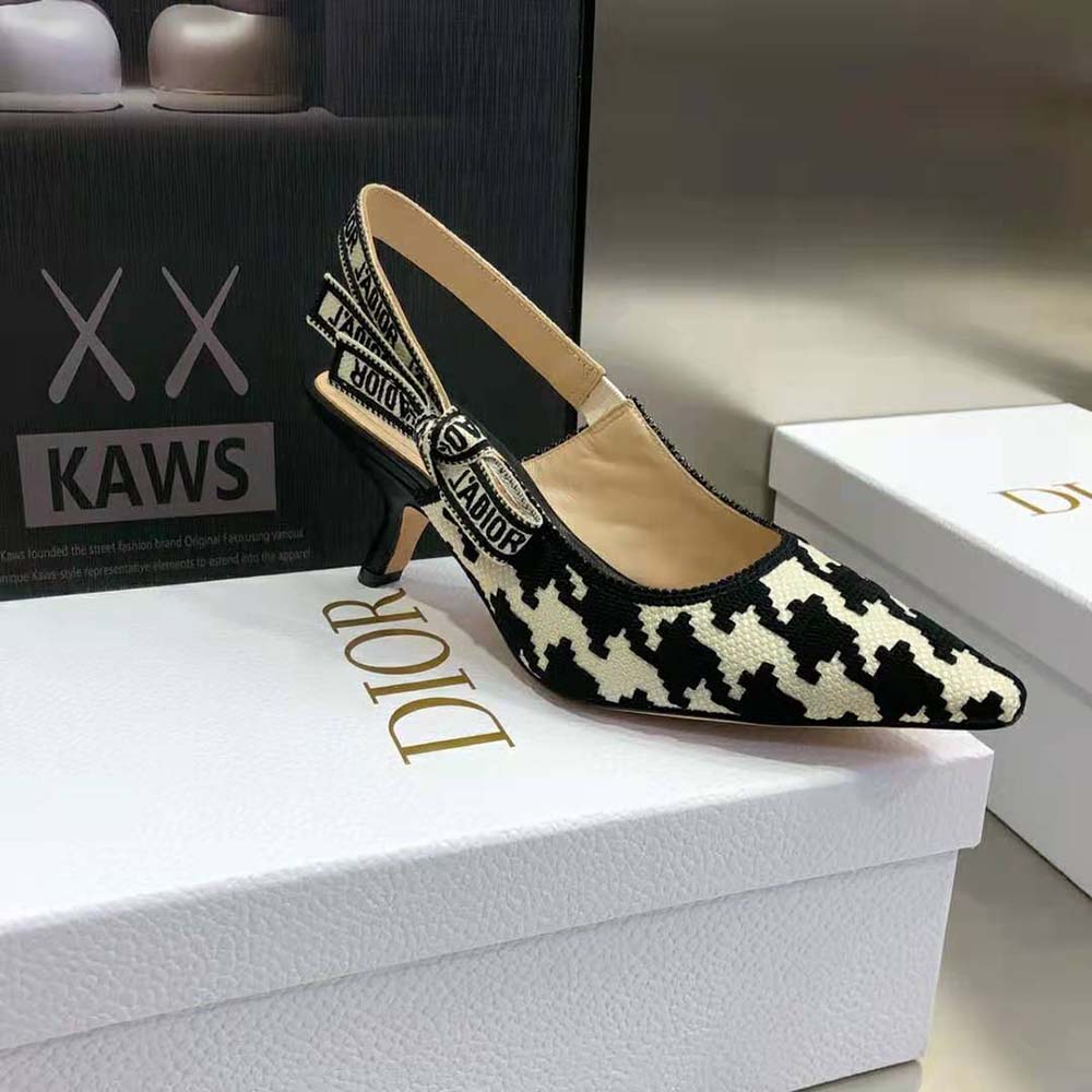 Dior Women J’Adior Slingback Pump Black and White Cotton Embroidery