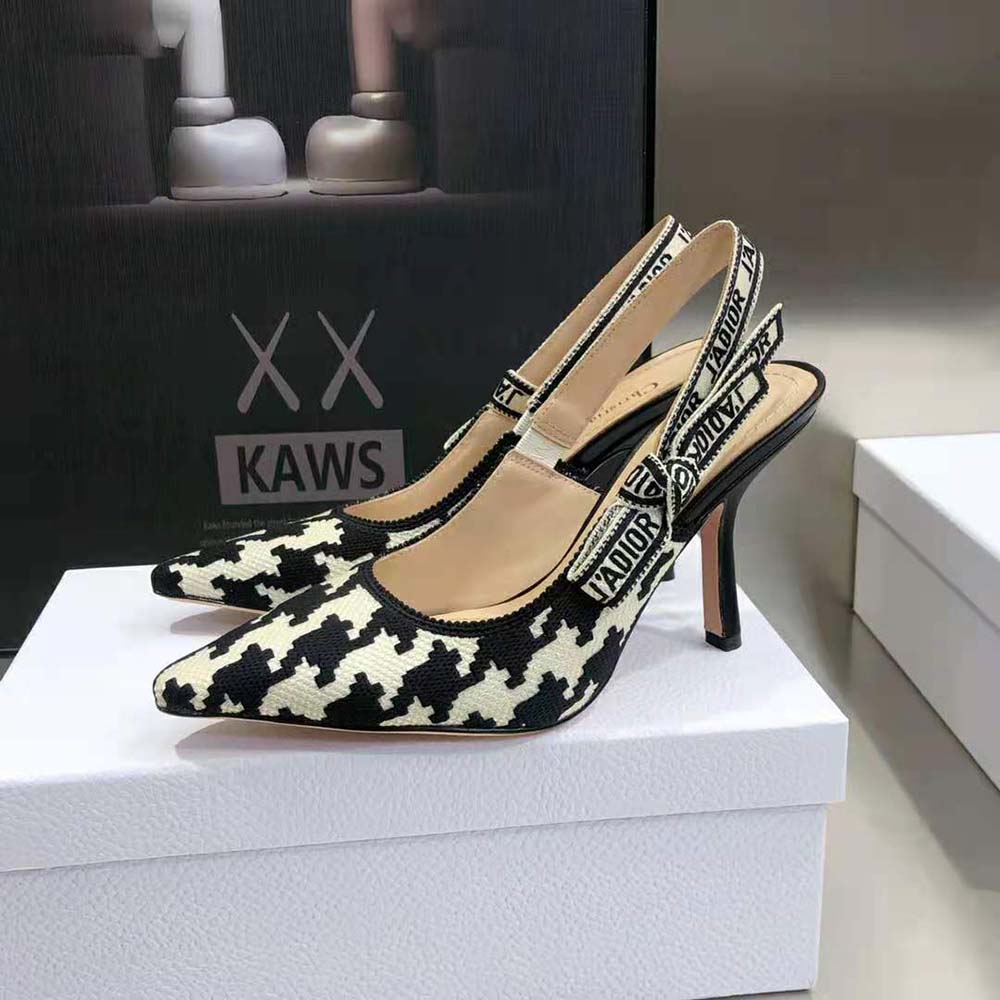 Dior Women J’Adior Slingback Pump Black and White Cotton Embroidery with Macro Houndstooth Motif