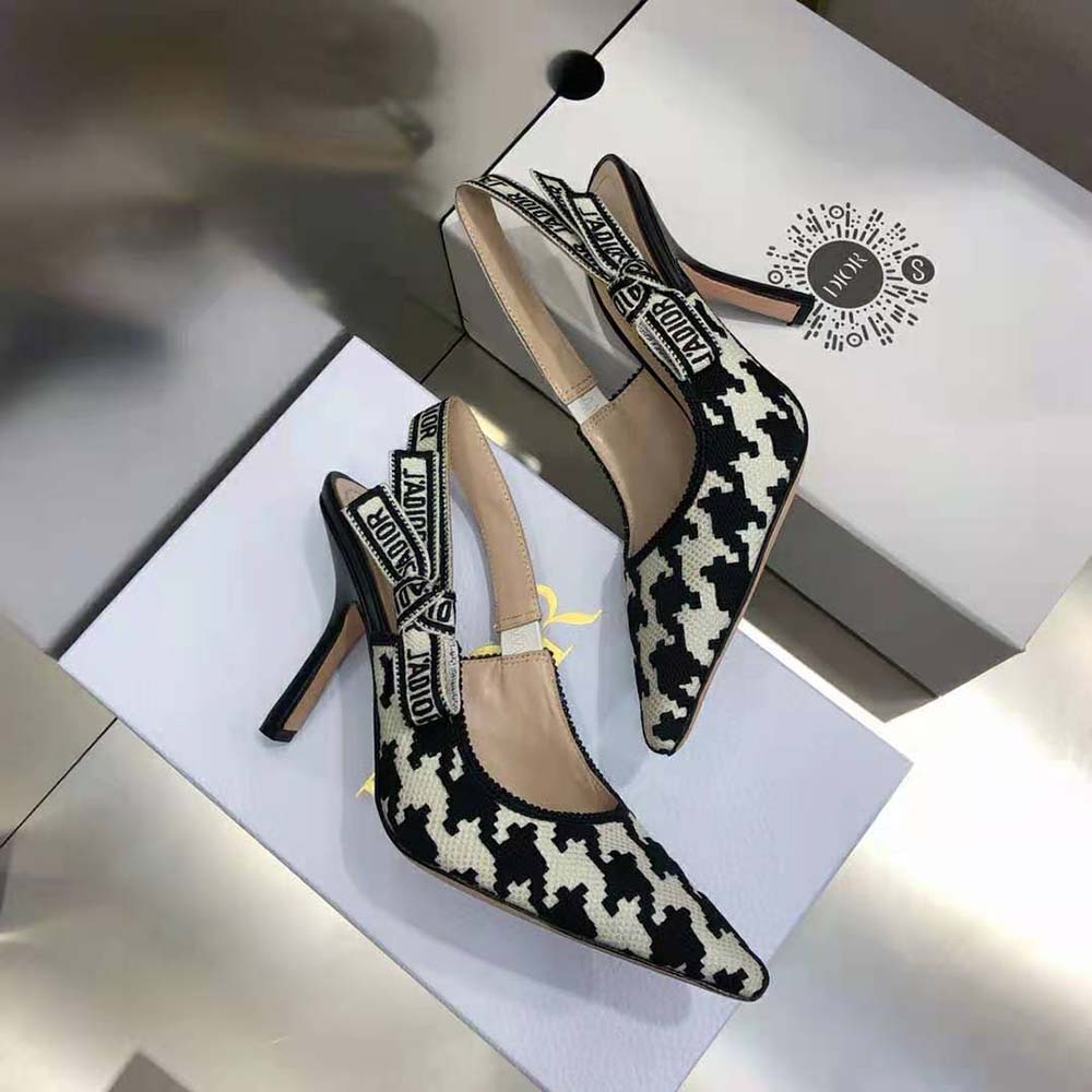 Dior Women J’Adior Slingback Pump Black and White Cotton Embroidery with Macro Houndstooth Motif