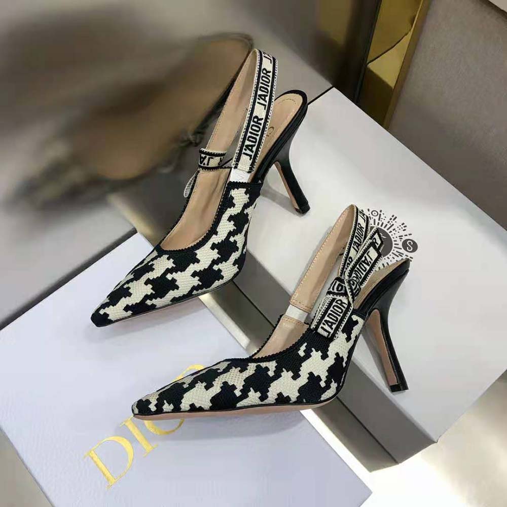 Dior Women J’Adior Slingback Pump Black and White Cotton Embroidery with Macro Houndstooth Motif