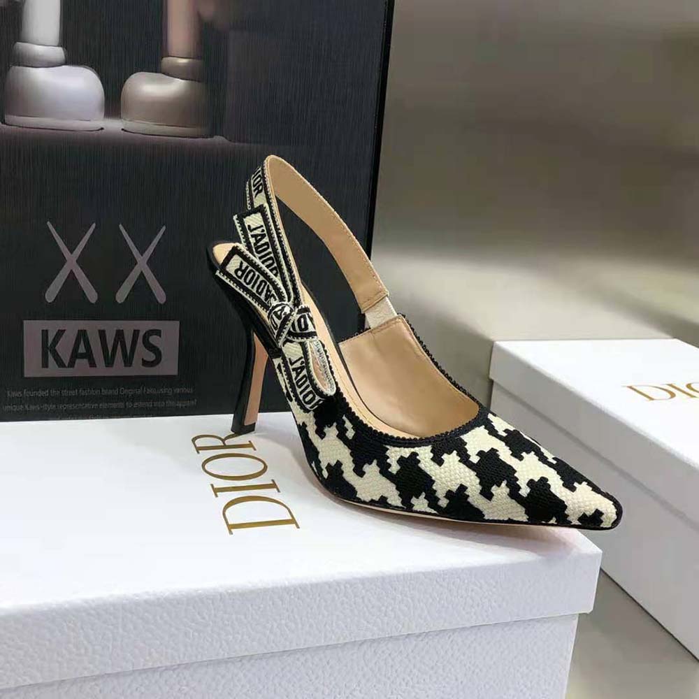 Dior Women J’Adior Slingback Pump Black and White Cotton Embroidery with Macro Houndstooth Motif