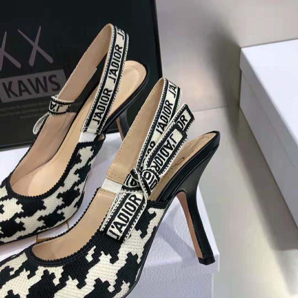 Dior Women J’Adior Slingback Pump Black and White Cotton Embroidery with Macro Houndstooth Motif