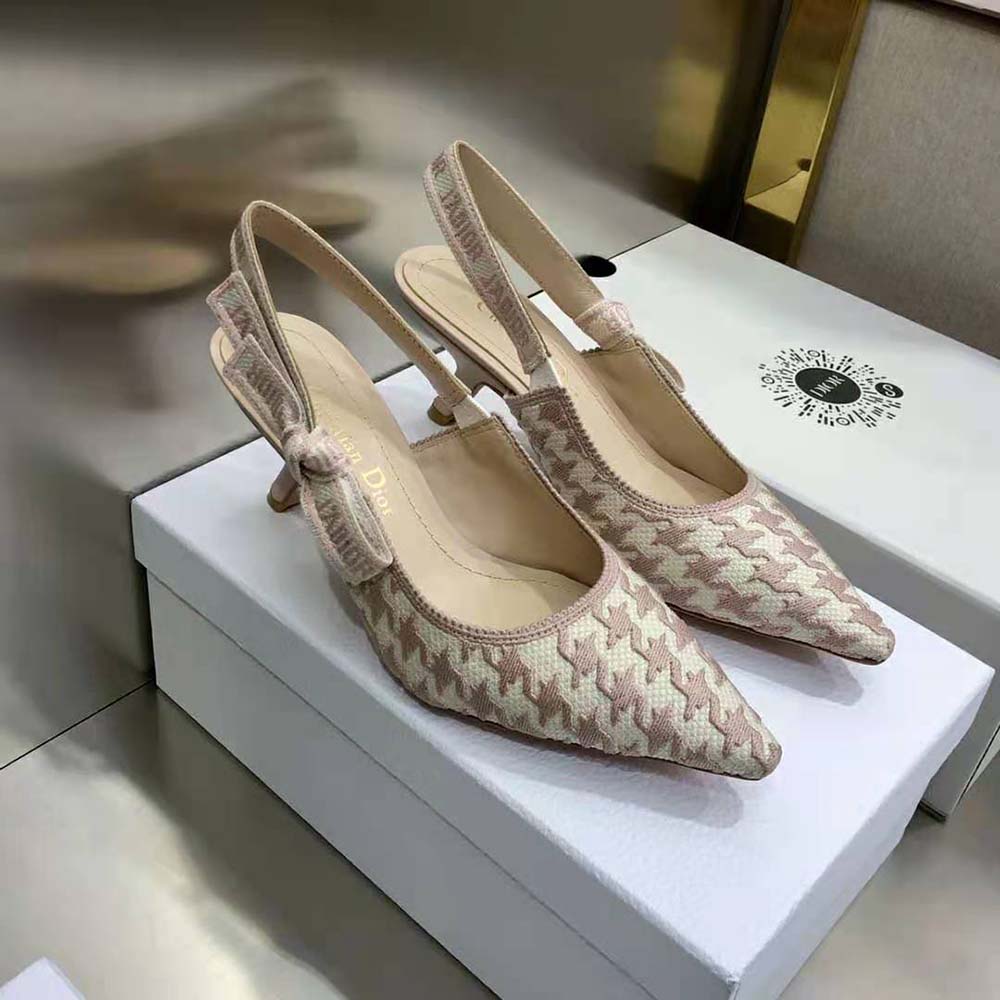 Dior Women J’Adior Slingback Pump Rose Des Vents Cotton Embroidery with Micro Houndstooth Motif