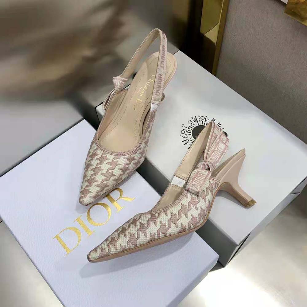 Dior Women J’Adior Slingback Pump Rose Des Vents Cotton Embroidery with Micro Houndstooth Motif