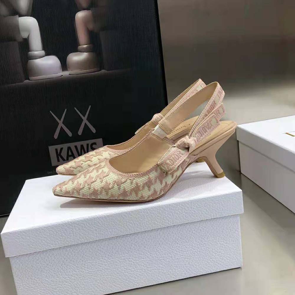 Dior Women J’Adior Slingback Pump Rose Des Vents Cotton Embroidery with Micro Houndstooth Motif