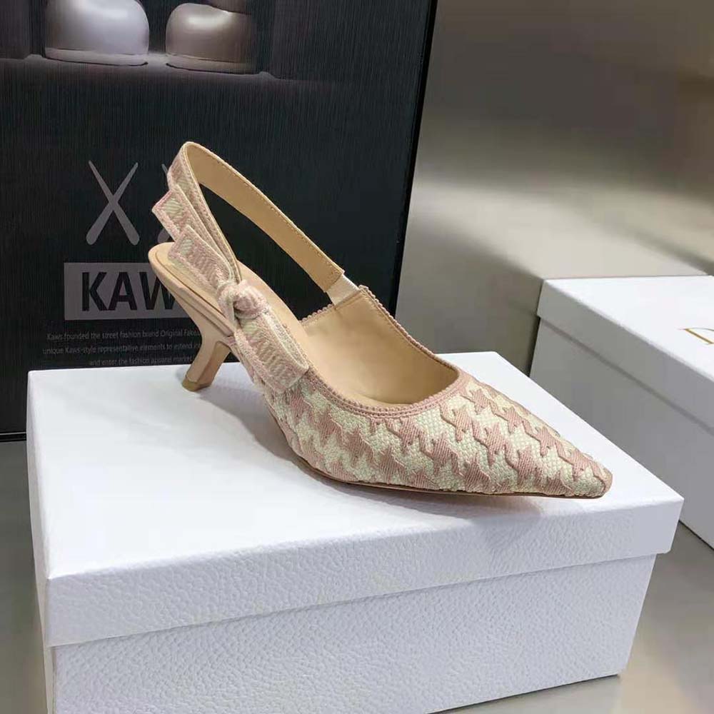 Dior Women J’Adior Slingback Pump Rose Des Vents Cotton Embroidery with Micro Houndstooth Motif