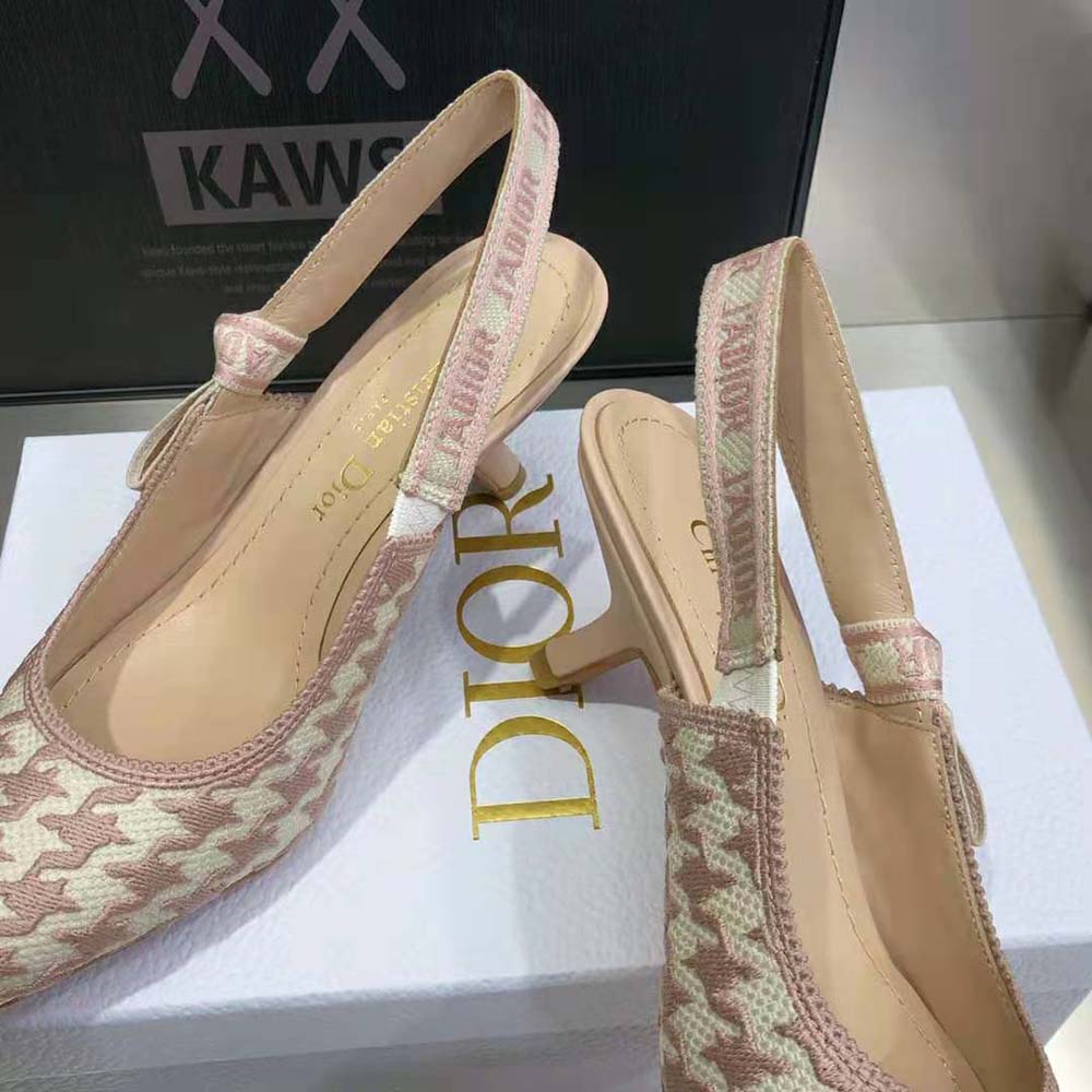 Dior Women J’Adior Slingback Pump Rose Des Vents Cotton Embroidery with Micro Houndstooth Motif