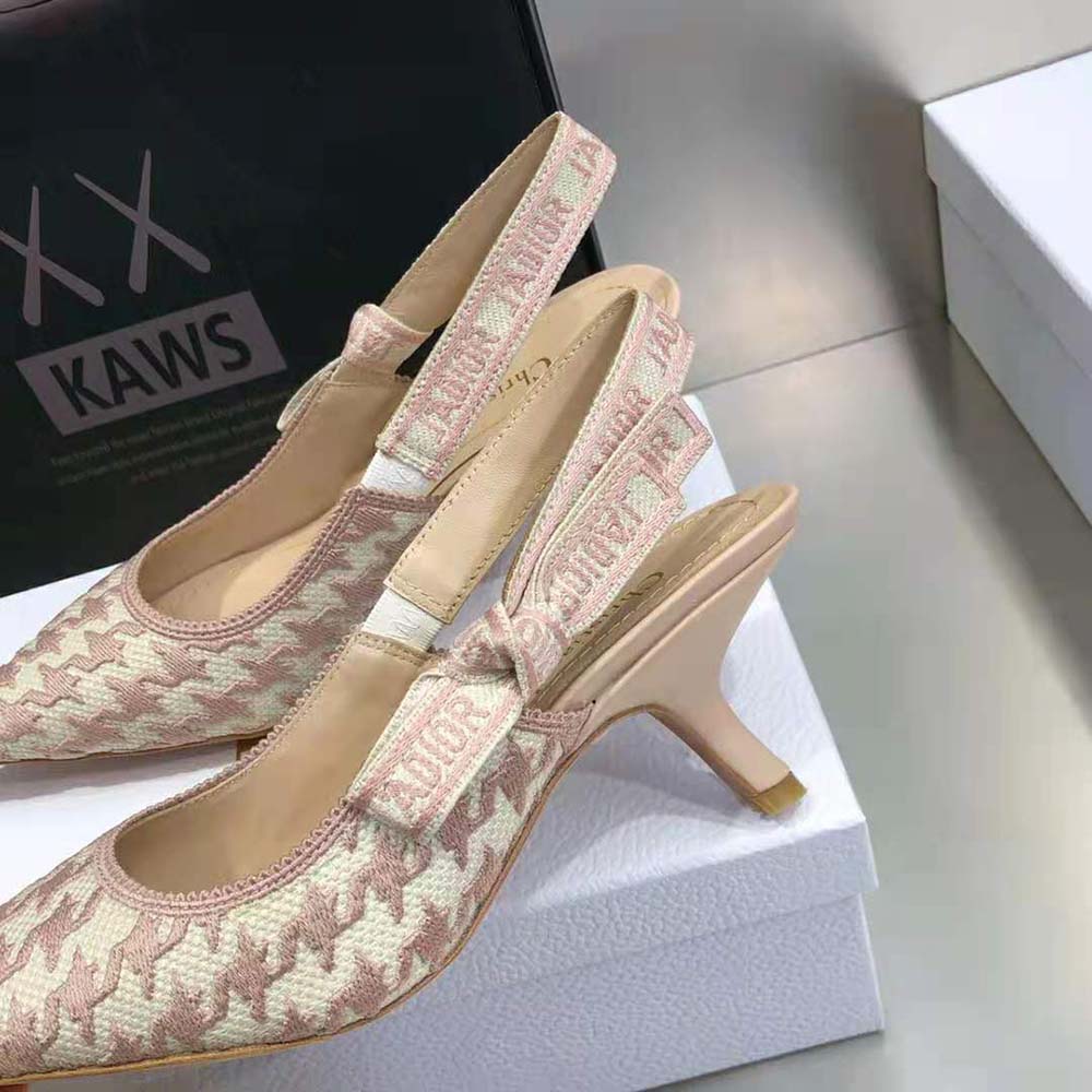 Dior Women J’Adior Slingback Pump Rose Des Vents Cotton Embroidery with Micro Houndstooth Motif
