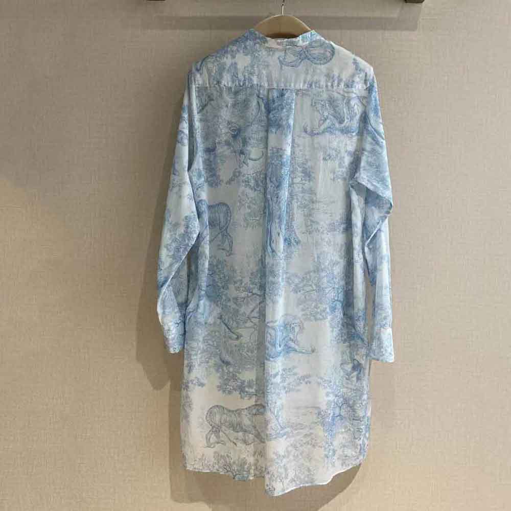 Dior Women Long Blouse Cornflower Blue Cotton Voile with Toile de Jouy Motif