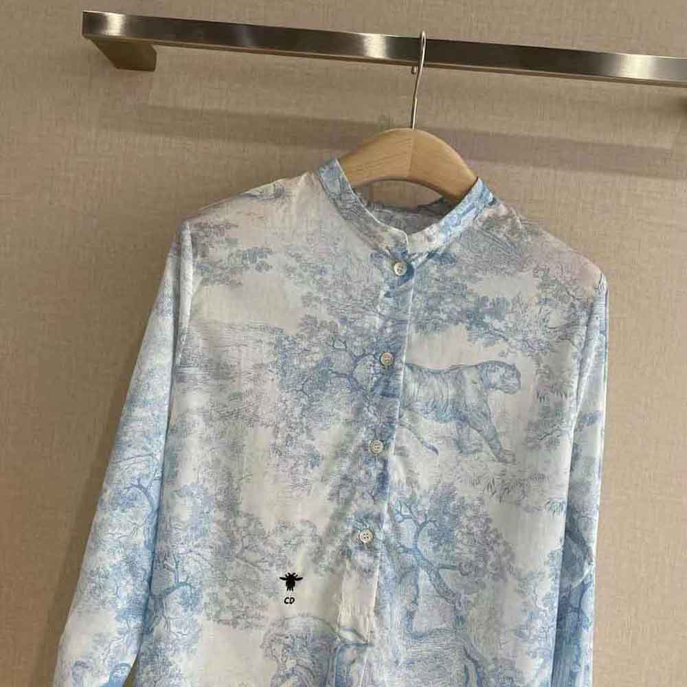 Dior Women Long Blouse Cornflower Blue Cotton Voile with Toile de Jouy Motif