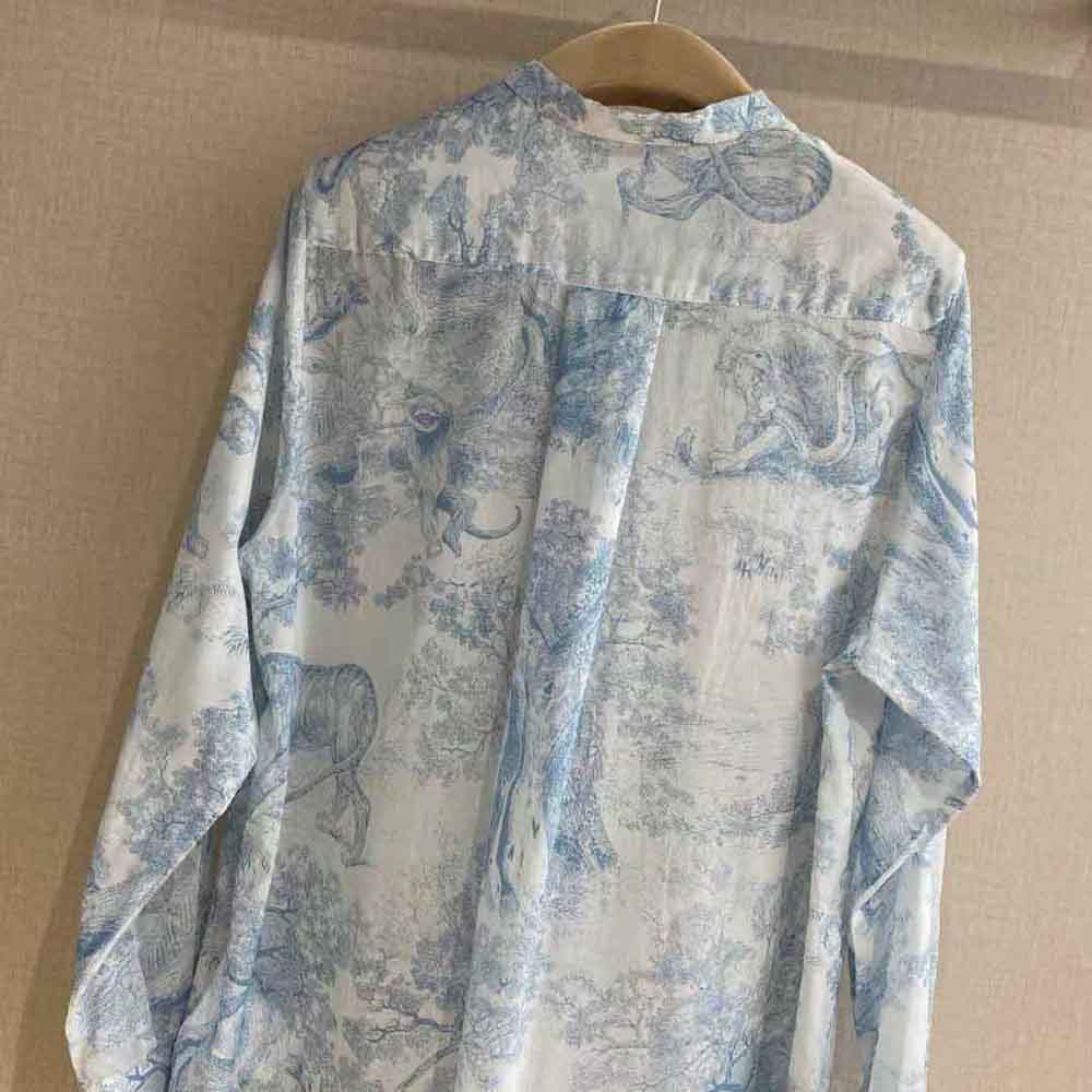 Dior Women Long Blouse Cornflower Blue Cotton Voile with Toile de Jouy Motif