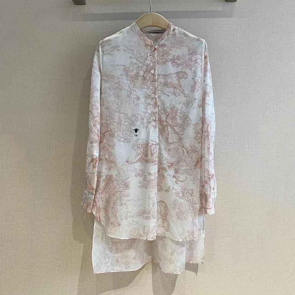 Dior Women Long Blouse Rose Des Vents Cotton Voile with Toile de Jouy Motif