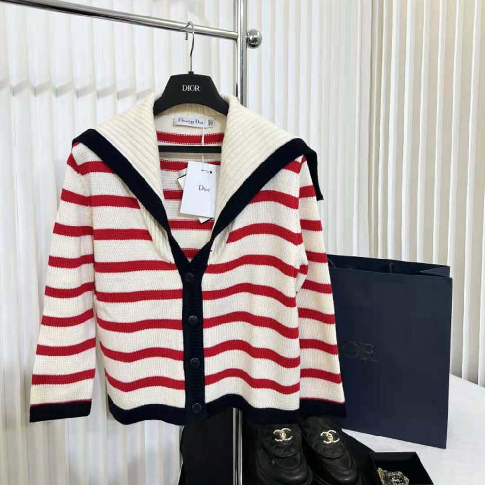 Dior Women Mariniere Cardigan Red and Ecru D-Stripes Ribbed Wool and Cashmere Knit