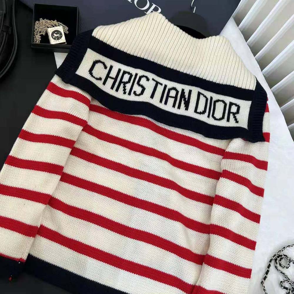 Dior Women Mariniere Cardigan Red and Ecru D-Stripes Ribbed Wool and Cashmere Knit