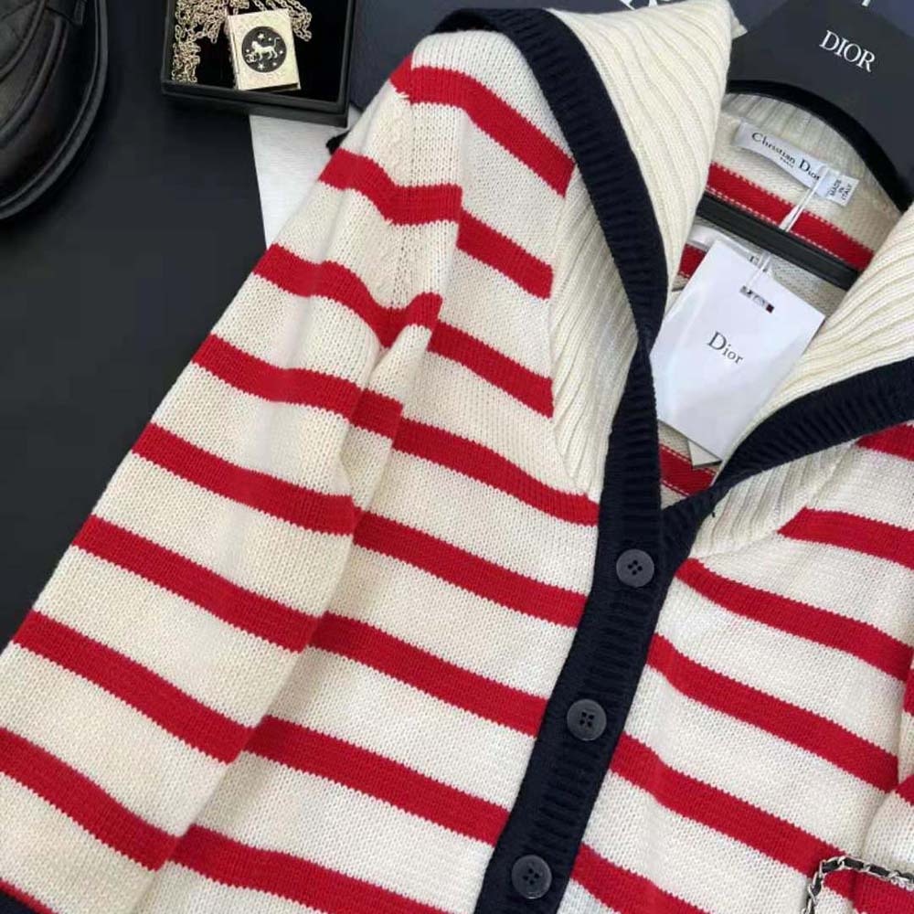 Dior Women Mariniere Cardigan Red and Ecru D-Stripes Ribbed Wool and Cashmere Knit