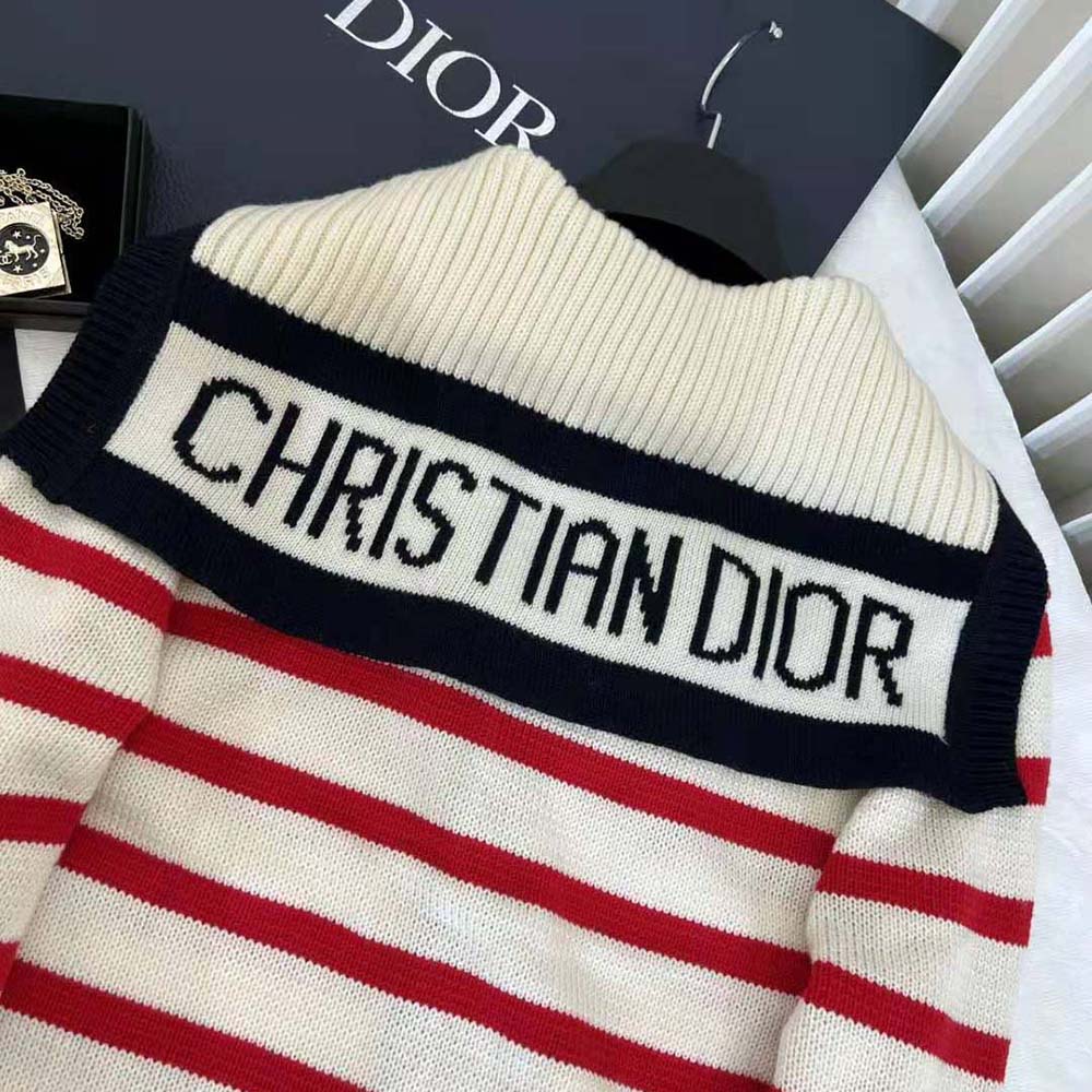 Dior Women Mariniere Cardigan Red and Ecru D-Stripes Ribbed Wool and Cashmere Knit