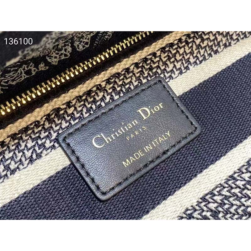 Dior Women Medium Lady D-Lite Bag Navy Blue Toile de Jouy Stripes Embroidery