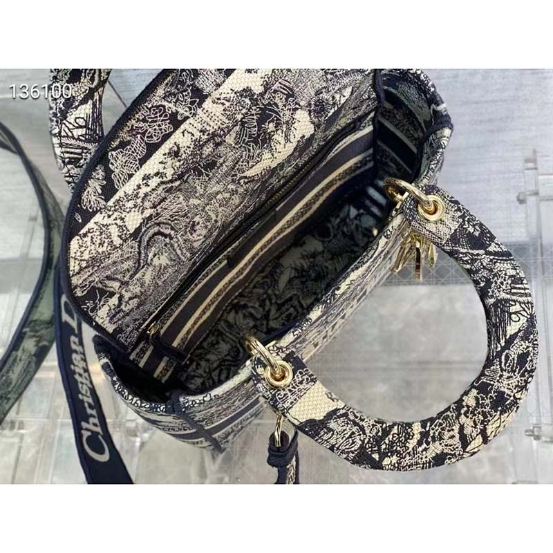 Dior Women Medium Lady D-Lite Bag Navy Blue Toile de Jouy Stripes Embroidery