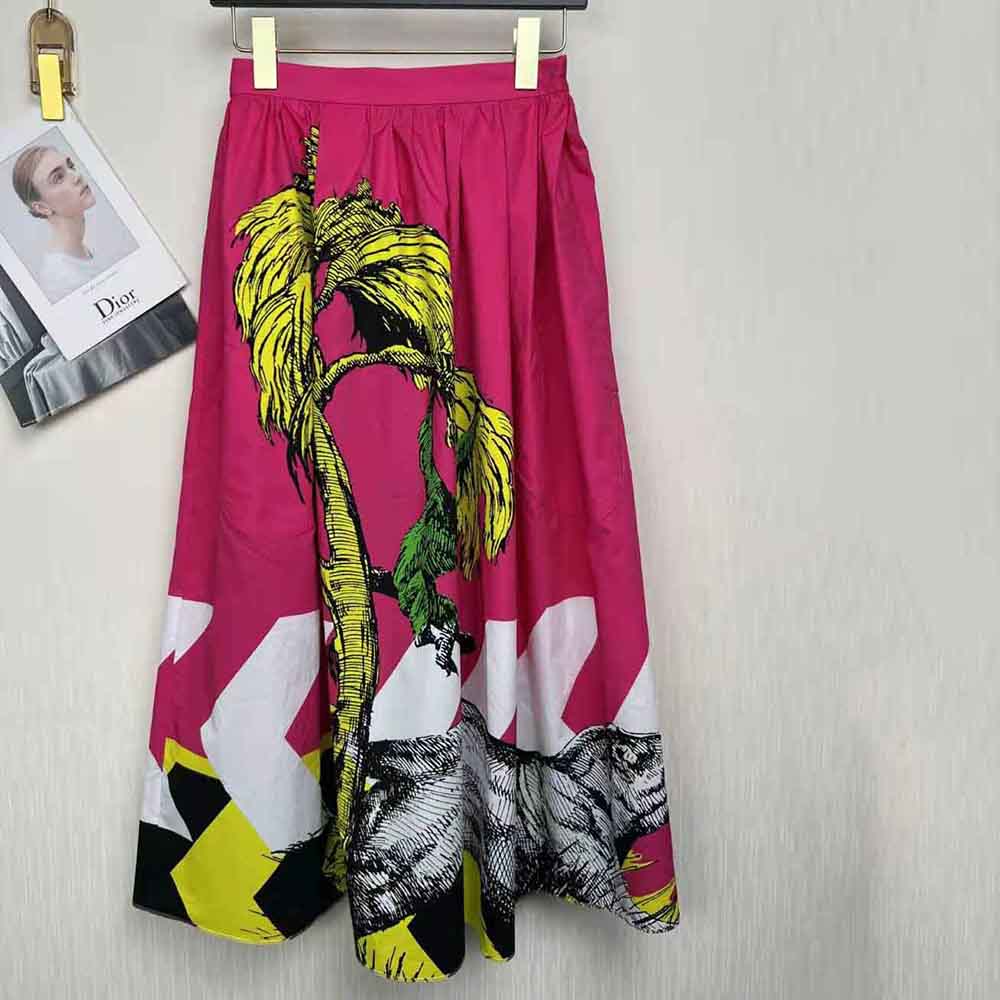 Dior Women Mid-Length Pleated Skirt Pink Cotton Poplin with Multicolor D-Tiger Pop Motif