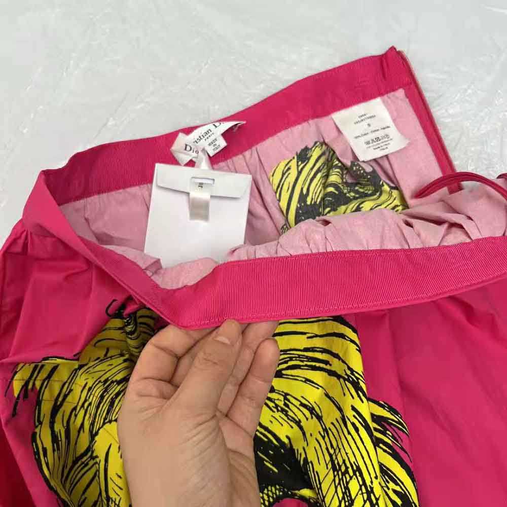 Dior Women Mid-Length Pleated Skirt Pink Cotton Poplin with Multicolor D-Tiger Pop Motif
