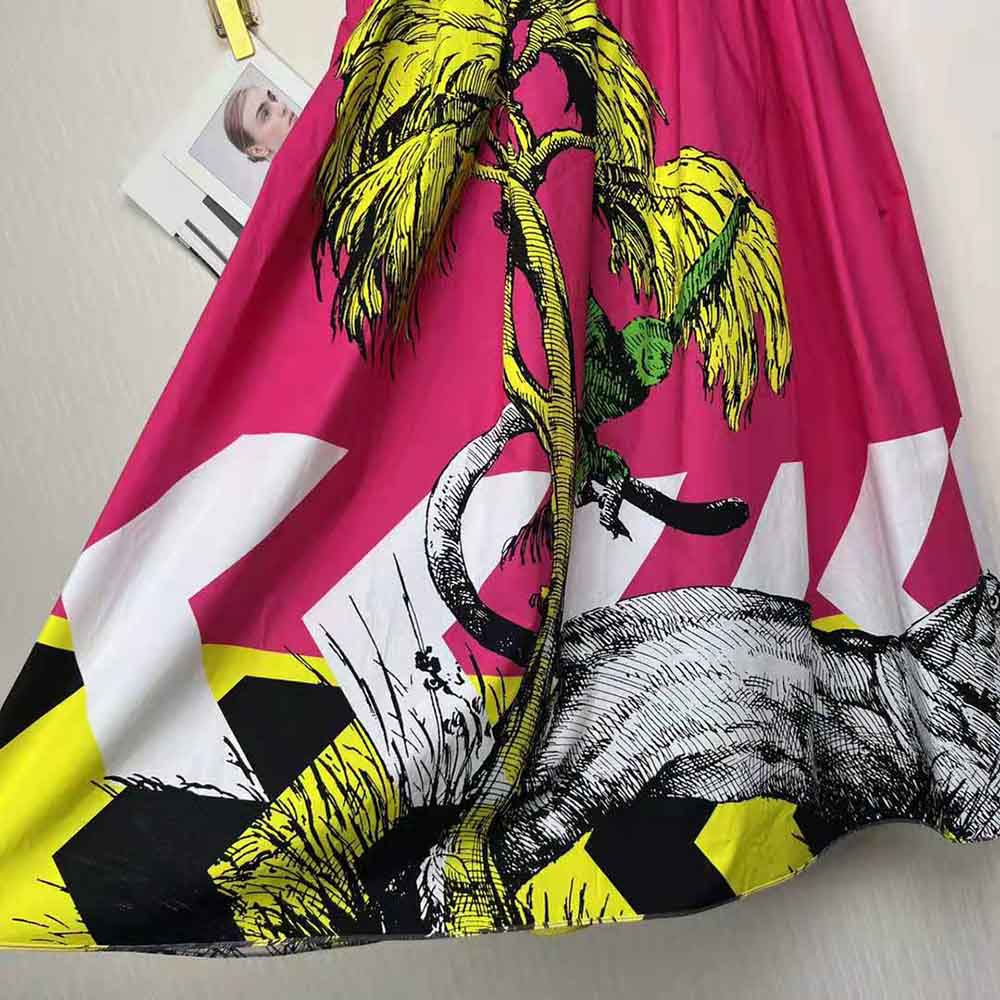 Dior Women Mid-Length Pleated Skirt Pink Cotton Poplin with Multicolor D-Tiger Pop Motif