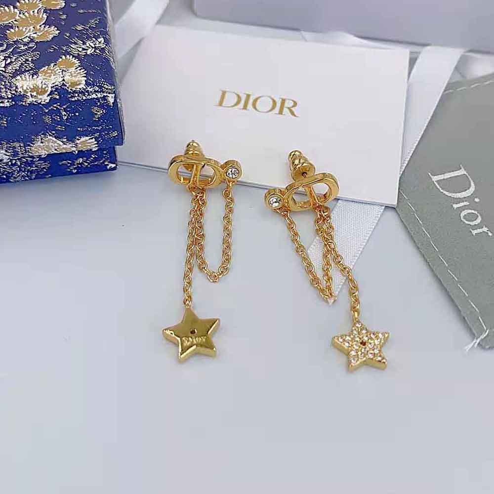 Dior Women Petit CD Earrings Gold-Finish Metal and White Crystals