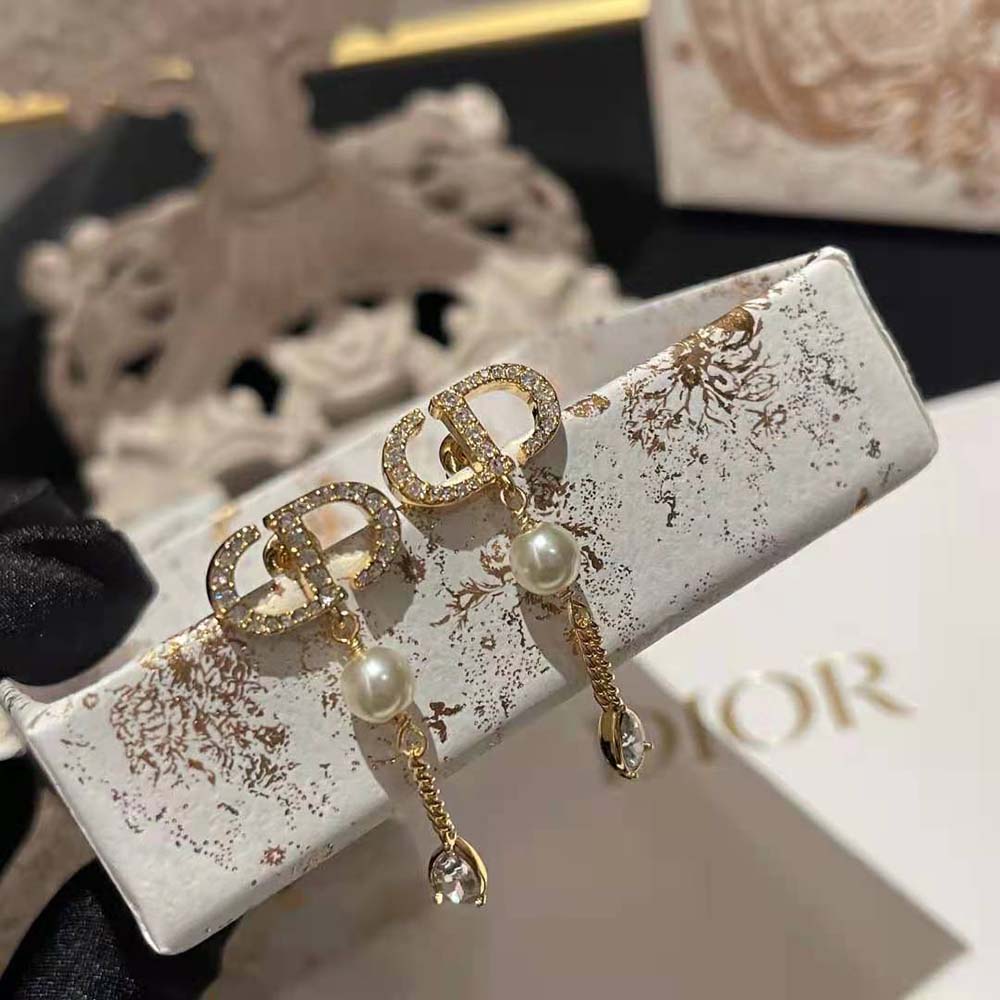 Dior Women Petit CD Earrings Gold-Finish Metal with White Resin Pearls