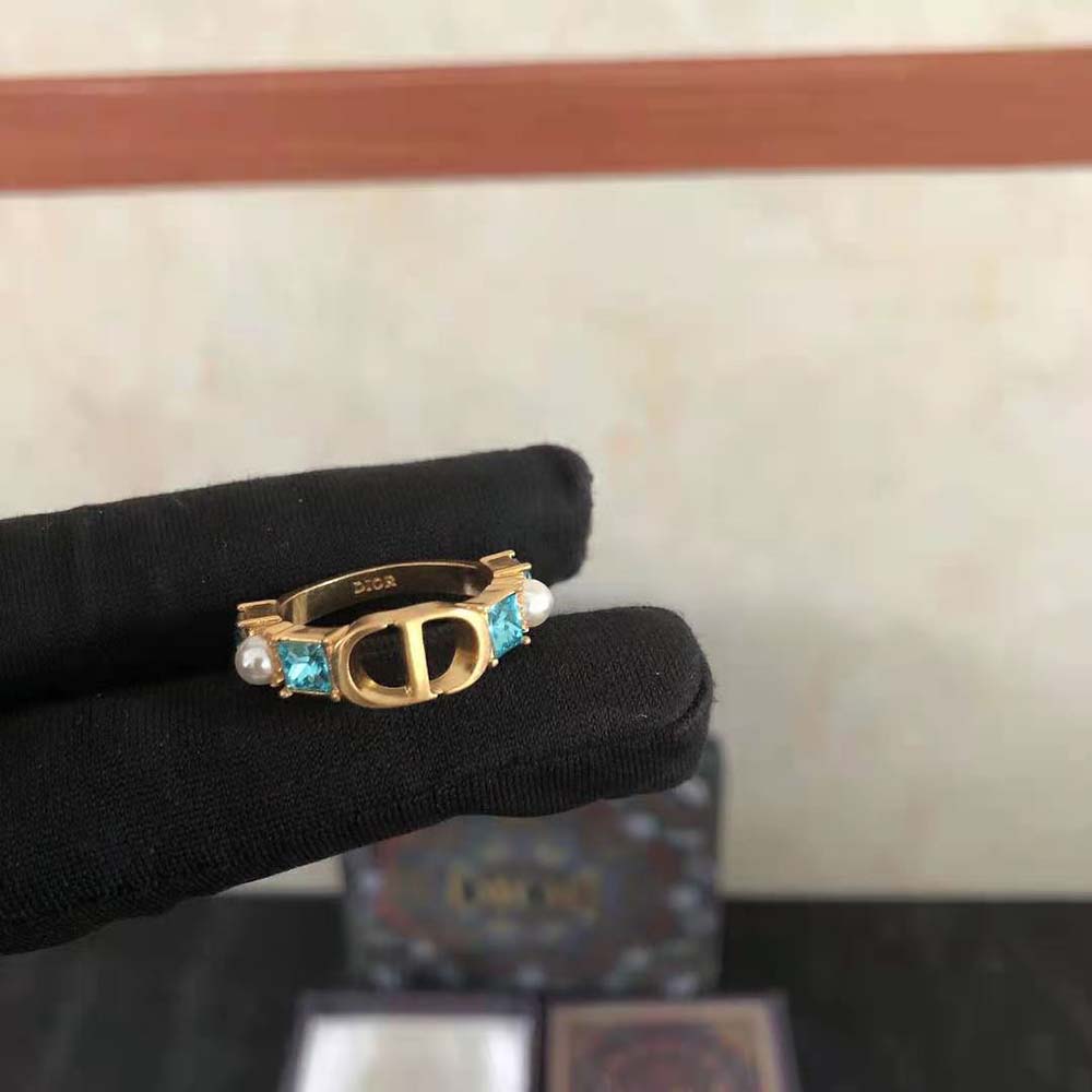 Dior Women Petit CD Ring Gold-Finish Metal with White Resin Pearls and Light Blue Crystals