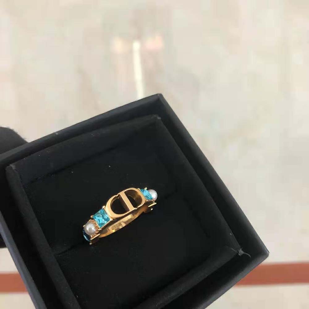 Dior Women Petit CD Ring Gold-Finish Metal with White Resin Pearls and Light Blue Crystals